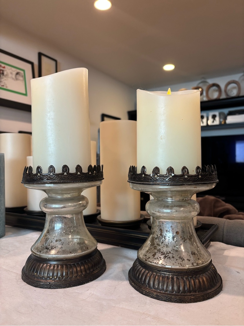Vintage Pair Pottery Barn Mercury Glass Pillar Candle Holders Silver Bronze 2